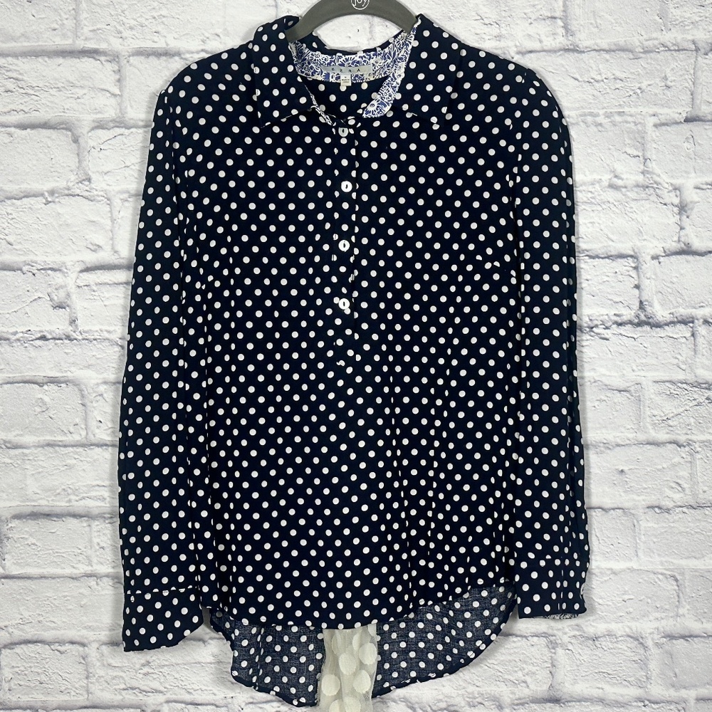Navy Polka Dot Blouse with Sheer‎ Back Inset - Picture 2 of 10